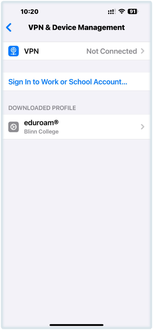 VPN and Device Management screen showing the eduroam downloaded profile