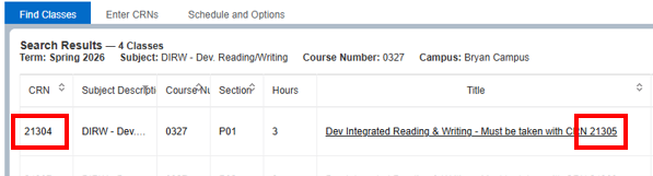 Course search results displaying the CRN and the Must be taken with CRN requirement