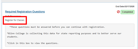 Register for Classes link used to access the Required Registration Questions