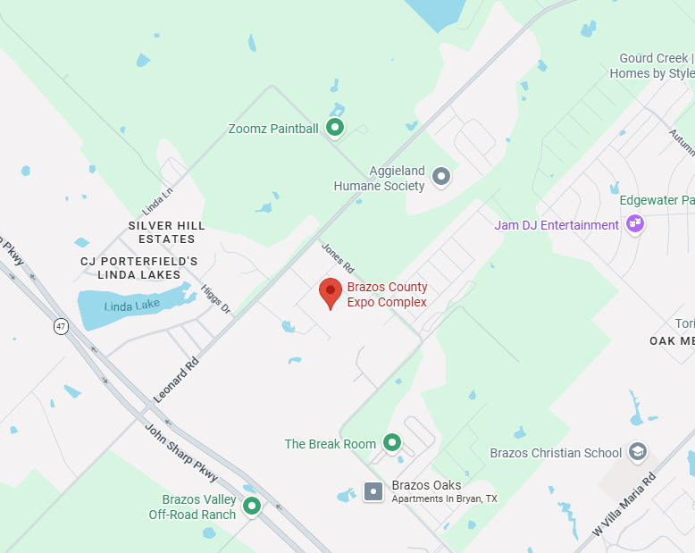 Map showing the location of the Brazos County Expo Center in Bryan